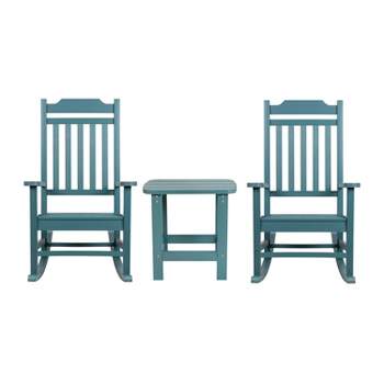 Emma and Oliver Set of 2 Indoor/Outdoor Poly Resin Rocking Chairs with Side Table