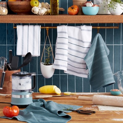 Condition photo showing As Is for kitchenaid albany kitchen towels 4-pack, fog blue/white, 16"x26"