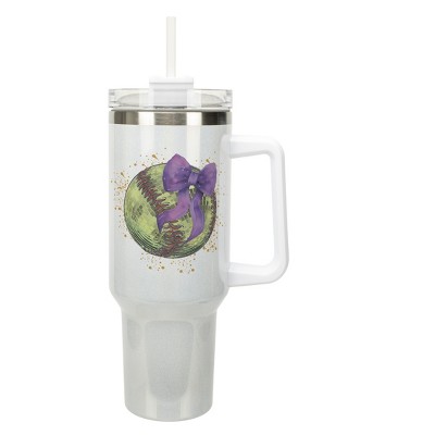 Elanze Designs 40 Ounce Stainless Steel Double Wall Insulated Glitter Travel Tumbler With Handle, Straw, and Lid, Softball With Purple Bow White