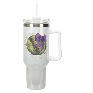 Elanze Designs 40 Ounce Stainless Steel Double Wall Insulated Glitter Travel Tumbler With Handle, Straw, and Lid, Softball With Purple Bow White - 1 of 1