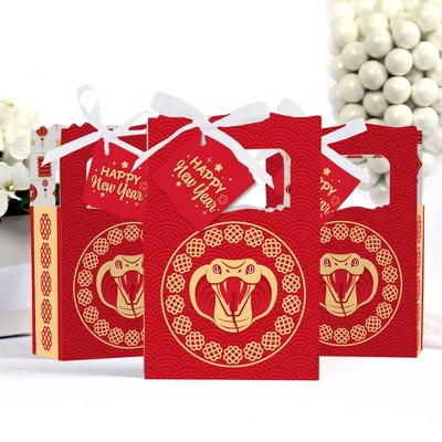 Red and Gold Snake Lunar New Year Favor Boxes with Satin Ribbon - Set of 12