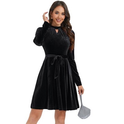 WhizMax Women's Retro Velvet Cocktail Party Dress Long Sleeve dress With Belt