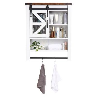 Farmhouse Sliding Barn Door Bathroom Cabinet, Over-The-Toilet Storage with Adjustable Shelves and Towel Bar, Rustic Wall-Mounted for Bathroom