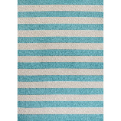 Aqua and Cream Striped Synthetic 4' x 6' Rug