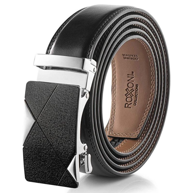 Roxoni Men's Genuine Leather Ratchet Dress Belt with Textured Chrome Buckle, Enclosed in an Elegant Gift Box, Adjustable from 28" to 48" Waist, 1 of 6