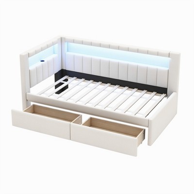 Bellemave Upholstered Twin Size Platform Bed with USB Ports and LED Belt, With 2 Drawers, White