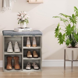 Shoe Cushion with Bench ,Fluted Shoe Storage Sliding Door and Adjustable Shelf,3-Tier Shoe Rack Cabinet for Entryway, Bedroom, Living Room - 1 of 4