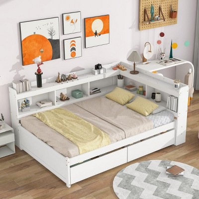 Streamdale Full Bed with L-shaped Bookcases, Drawers, White