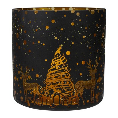 Northlight 6" Black and Gold Deer and Pine Trees Flameless Glass Candle Holder