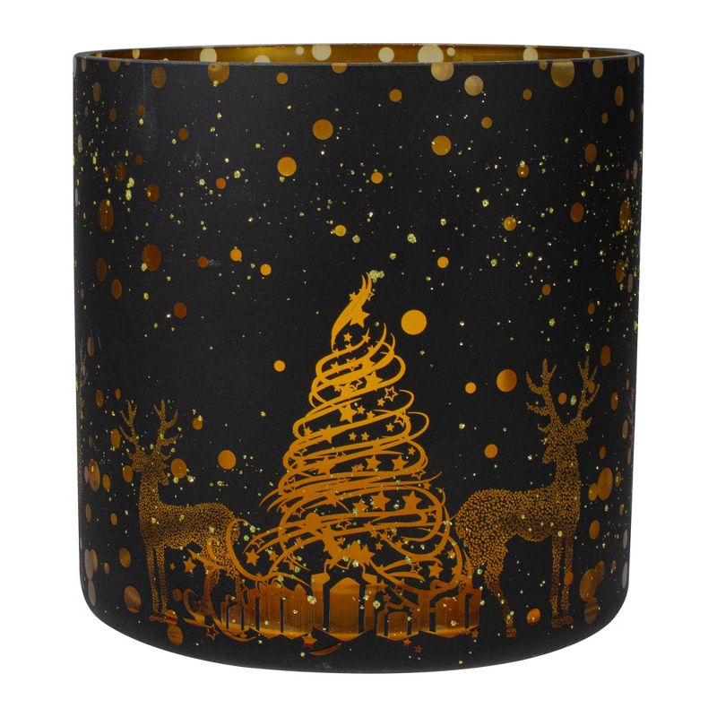 Northlight 6" Black and Gold Deer and Pine Trees Flameless Glass Candle Holder, 1 of 6