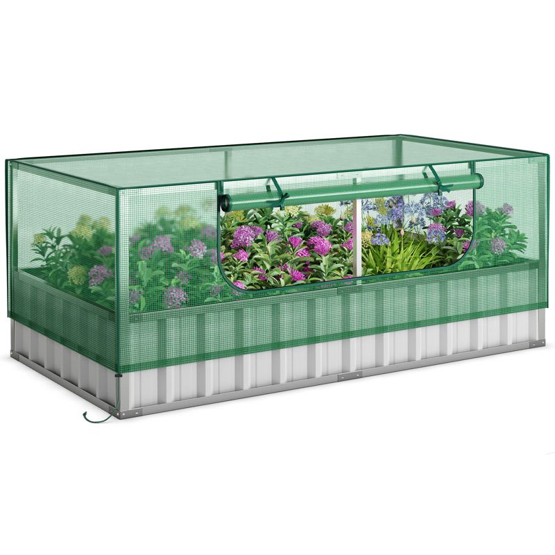 Tangkula 69” x 36” x 12” Galvanized Raised Garden Bed with Greenhouse Cover Raised Planter Box Kit with Roll-up Door 8PCS T Tags & A Pair of Gloves, 1 of 11