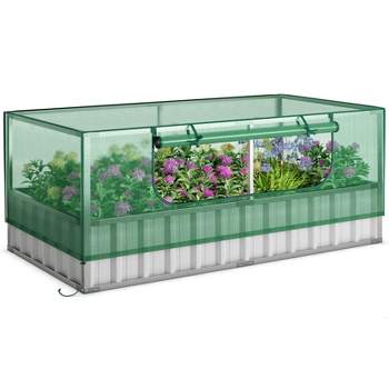 Tangkula 69” x 36” x 12” Galvanized Raised Garden Bed with Greenhouse Cover Raised Planter Box Kit with Roll-up Door 8PCS T Tags & A Pair of Gloves