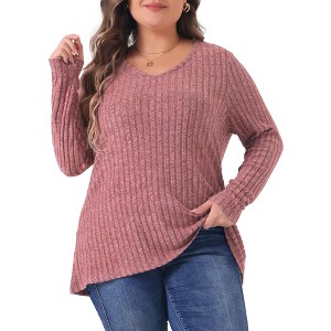 Agnes Orinda Women's Plus Size V-Neck Long Sleeve Basic Ribbed Pitted Brushed Casual Tunic Blouses - 1 of 4