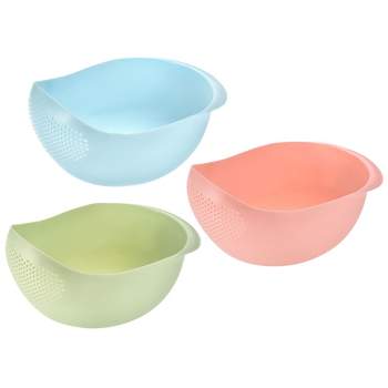 Unique Bargains Rice Sieve Plastic Colander Kitchen Drain Basket with Handles 3 Pcs Blue Green Pink