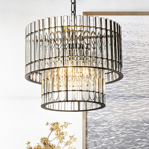 ALOADECOR Modern Luxury Matte Black Round Chandelier With Glass Rods Accent - 1 of 4