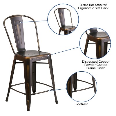 Copper Distressed Metal 24" Indoor-Outdoor Counter Stool with Back