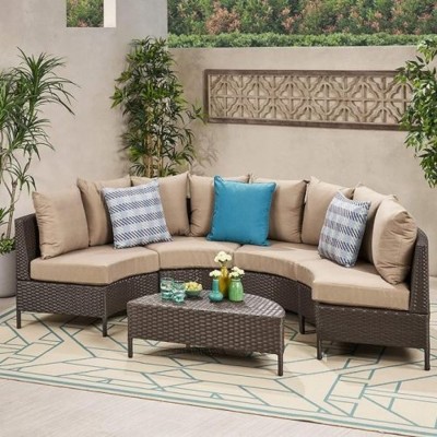 5-Piece Outdoor Wicker Half-Circle Patio Conversation Set with Cushions, Modular Sectional Sofa and Coffee Table for Backyard– The Pop Home