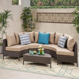 5-Piece Outdoor Wicker Half-Circle Patio Conversation Set with Cushions, Modular Sectional Sofa and Coffee Table for Backyard– The Pop Home - 1 of 4