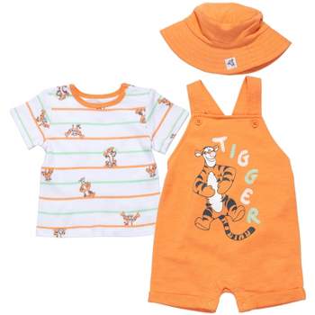 Disney Tigger Winnie the Pooh Baby French Terry Short Overalls T-Shirt and Hat 3 Piece Outfit Set Newborn to Infant