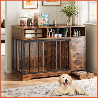 48 Inch Large Dog Crate Furniture, Farmhouse Dog Kennel with Dog Bowl, 3 Drawers, 3 Open Drawers, Heavy Duty Dog Crate Table