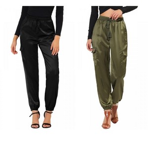 Allegra K Women's Drawstring Elastic High Waist Cargo Pocket Silky Satin Pants 2 Packs - 1 of 4