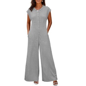 Imily Bela Womens Comfortable Summer Striped Short Sleeve Wide Leg Jumpsuit with Buttons Pockets for Beach Everyday - 1 of 4