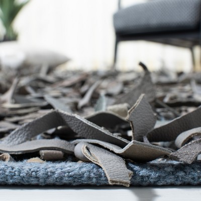 Grey and Beige Hand-Knotted Leather Shag Rug, 3' x 5'