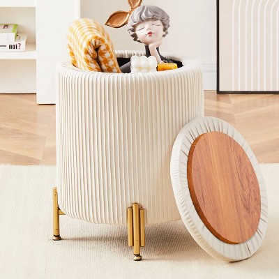 KTMBDW Round Ottoman Foot Stool with Storage and Metal Legs, Velvet Upholstered Footrest Stool Support 300lbs for Living Room Bedroom