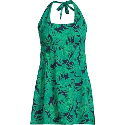 Lands' End Women's Plus Size Chlorine Resistant Square Neck Halter Swim  Dress One Piece Swimsuit - 1x - Navy/emerald Palm Foliage : Target