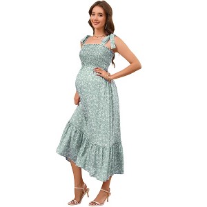 Womens Maternity Smocked Summer Casual Boho Dress Spaghetti Strap Square Neck Sleeveless Maxi Dress Baby Shower Photoshoot - 1 of 4