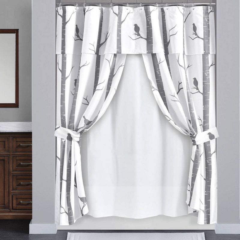 16pc Bird On The Tree Shower Curtain with Peva Lining/Ring Set Gray - Lush D&#233;cor, 1 of 9