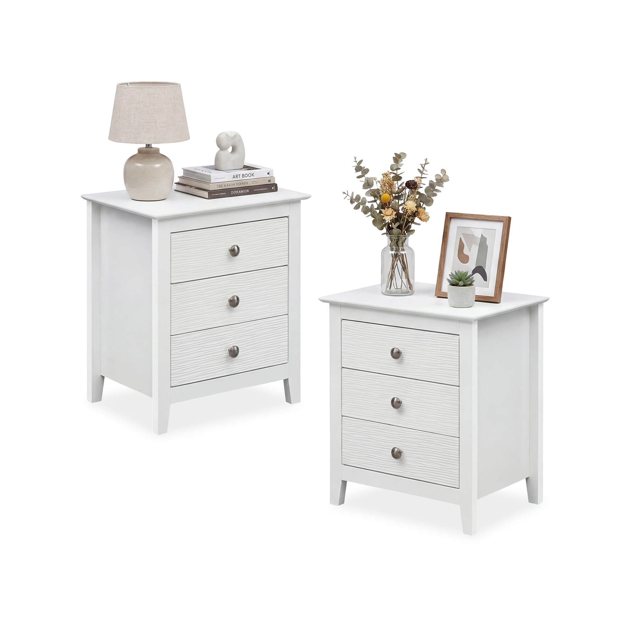 Costway 2PCS Nightstand, Farmhouse 3-Drawer Night Stand with Wood Grain Accents Sleek Knobs White