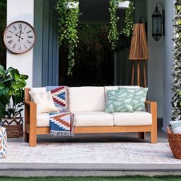 Sonoma Lane Portland Teak Outdoor Sofa with Sunbrella Vellum Zippered Cushions - Weather-Resistant, 3-Seater