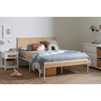 Full White and Natural Metal Platform Bed with Cane Headboard