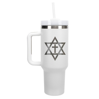 100 North Jewish Star of David Center Cross  Wrap-Around 40 Oz. Stainless Steel Water Bottle Coffee Mug, Spill & Leak Resistant, Travel Tumbler with