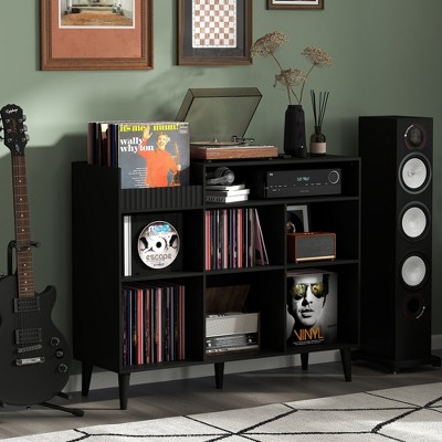 HDZNVF Record Player Stand with Open Vinyl Storage, Record Player Table for Vinyl Holds Up to 550 Albums Black