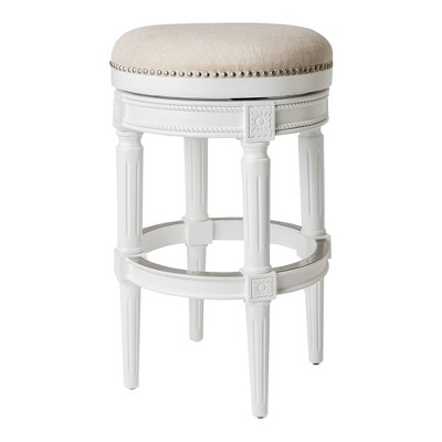 Alabaster White Swivel Backless Bar Stool with Hand-Carved Wood