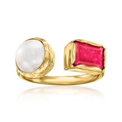 Ross-Simons 8-8.5mm Cultured Pearl and 1.50 Carat Pink Quartz Toi Et Moi Ring in 18kt Gold Over Sterling