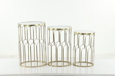 Gold Metal Round Accent Tables with Mirrored Tops, Set of 3
