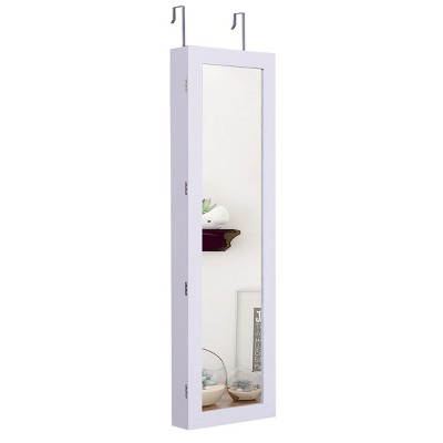 Tangkula Door Mounted Mirrored Jewelry Cabinet Dressing Storage Box with LED lights White