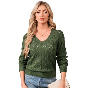 Clearlove Women Long Sleeve Cable Knit Sweater V Neck Pullover Top - 1 of 4