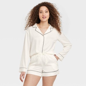 Women's Luxury Collection Shadow Striped Satin Notch Collar Top and Shorts Pajama Set - Auden™ - 1 of 4
