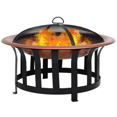 Outsunny 30" Outdoor Fire Pit Copper-Colored Round Metal Wood  Bowl with Black Ornate Base Poker & Mesh Screen for Ember Protection