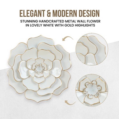 24-Inch White and Gold Iron Flower Wall Sculpture