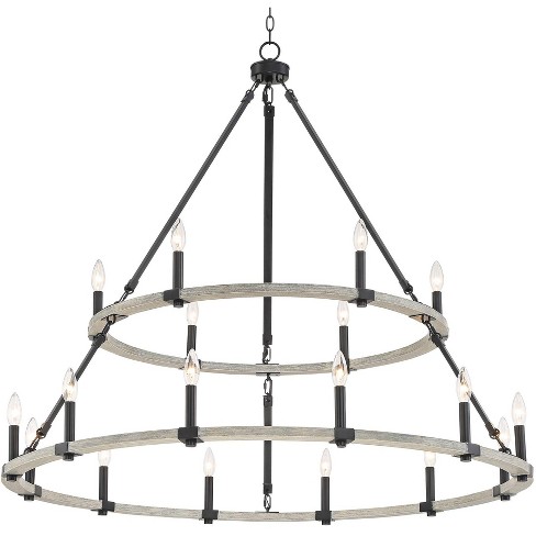 Franklin Iron Works Black Painted Wood, Rustic Round Iron Chandelier