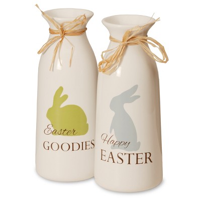 Antique Easter Bunny Milk Bottles White/Green 9" 2pk - National Tree Company