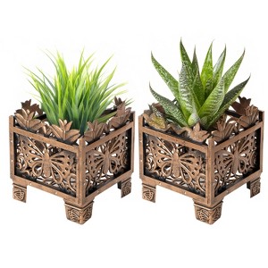 Gardenised Set of 2 Outdoor Living Butterfly Square Plant Stand, Flower Planting Pot, Antique Bronze - 1 of 4