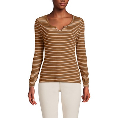 Lands' End Women's Lightweight Waffle Skimming Long Sleeve Notch Neck T-shirt