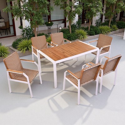 7-Piece Outdoor Patio Dining Set with Acacia Wood Tabletop and 6 Weave Rattan Chairs