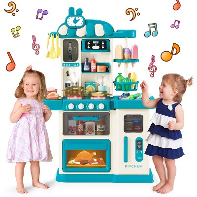 Skirfy 47PCS Kids Kitchen Playset,Play Kitchen Toy with Realistic Lights & Sounds,Pretend Steam, Play Sink & Oven